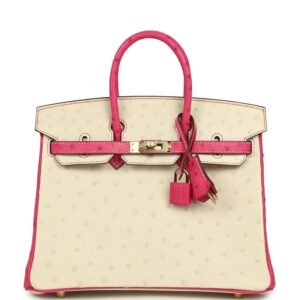 Hermès Special Order (HSS) Birkin 25 Rose Tyrien and Beton Ostrich Permabrass Hardware